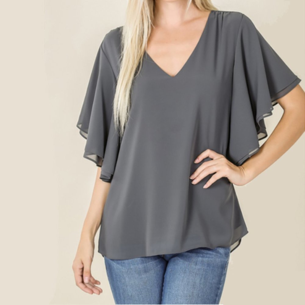 Ash Grey Chiffon Top with Waterfall Sleeves
